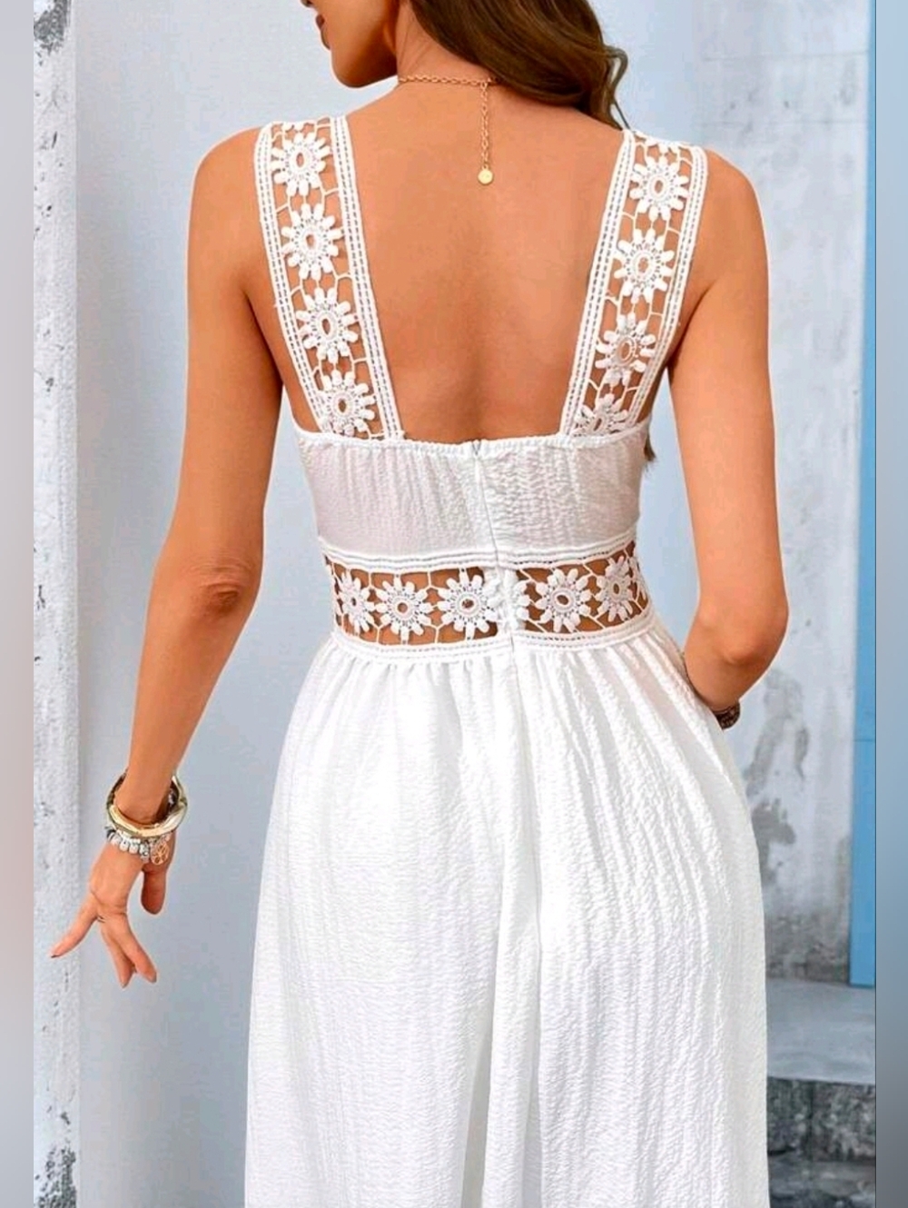 * New Boho Sheer Embroidered Eyelet Lace Maxi Dress White - Picture 4 of 12